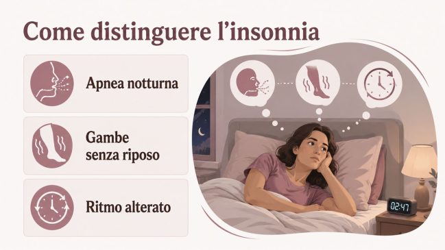 Differenze tra insonnia, apnea notturna, gambe senza riposo e ritmo del sonno alterato