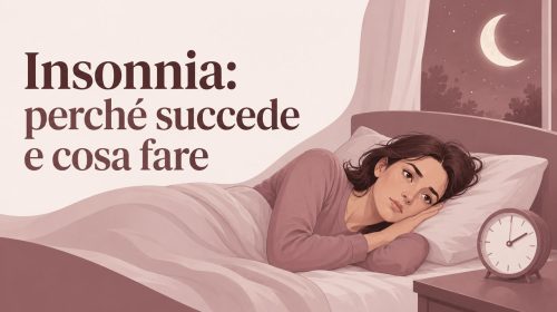 Donna sveglia nel letto durante la notte con luna e sveglia, illustrazione sull’insonnia