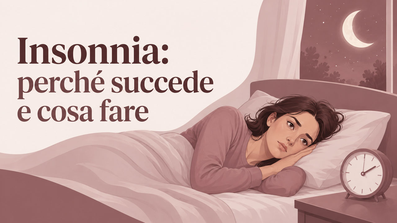 Donna sveglia nel letto durante la notte con luna e sveglia, illustrazione sull’insonnia