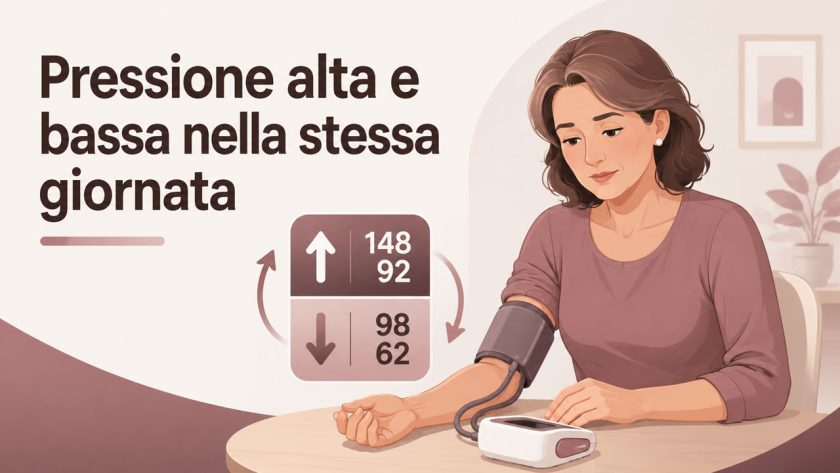 Illustrazione di una donna di circa 50 anni che misura la pressione a casa