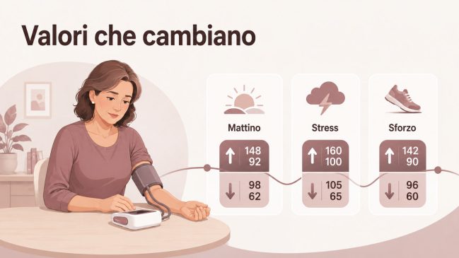 Illustrazione di una donna che misura la pressione con schede su mattino, stress e sforzo