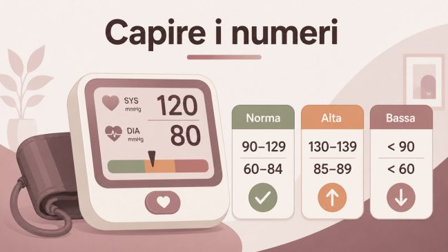 Illustrazione di un misuratore di pressione con valori 120 e 80 e schede norma, alta e bassa