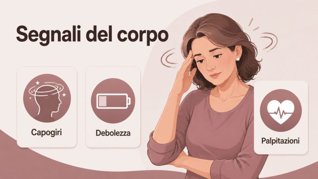 Illustrazione di una donna con capogiri e schede su capogiri, debolezza e palpitazioni