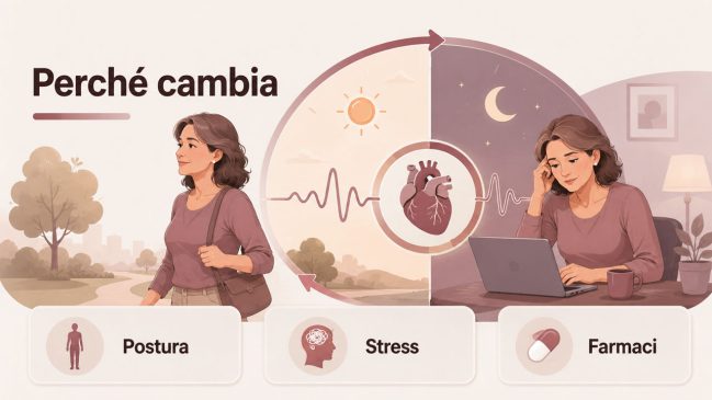 Illustrazione di una donna tra attività quotidiana e stress con schede postura, stress e farmaci