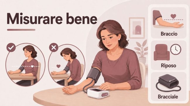 Illustrazione di una donna che misura la pressione con esempi di postura corretta e scorretta