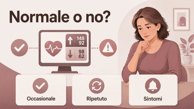 Illustrazione di una donna davanti a un monitor con valori alti e bassi e schede occasionale, ripetuto e sintomi