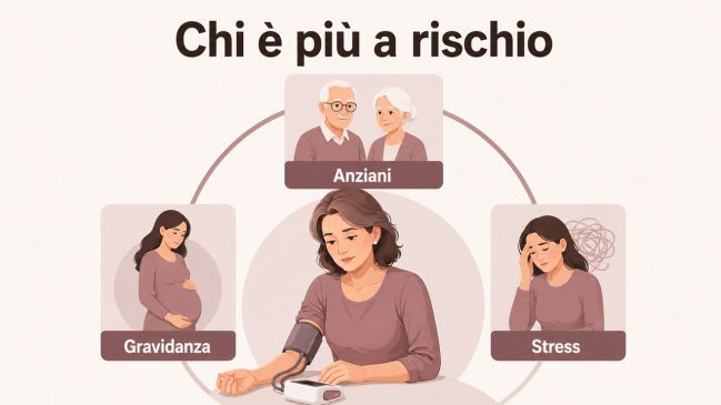 Illustrazione di una donna con misuratore di pressione e schede su anziani, gravidanza e stress