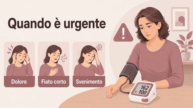 Illustrazione di una donna con misuratore di pressione e schede su dolore, fiato corto e svenimento