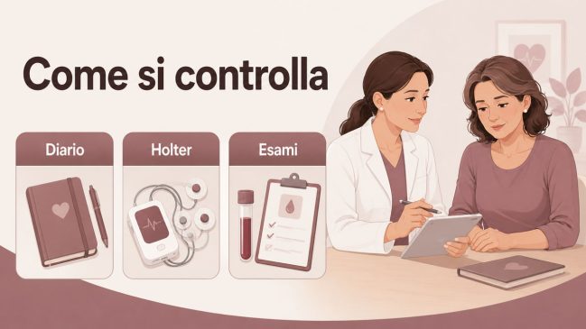 Illustrazione di una visita medica con schede su diario, holter ed esami