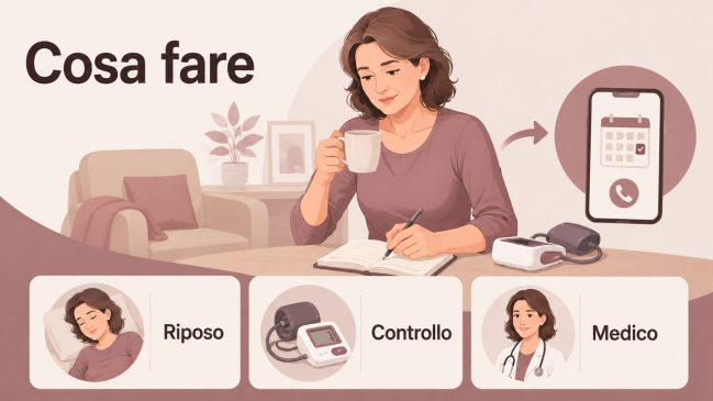 Illustrazione di una donna che annota i valori della pressione con misuratore e telefono sul tavolo