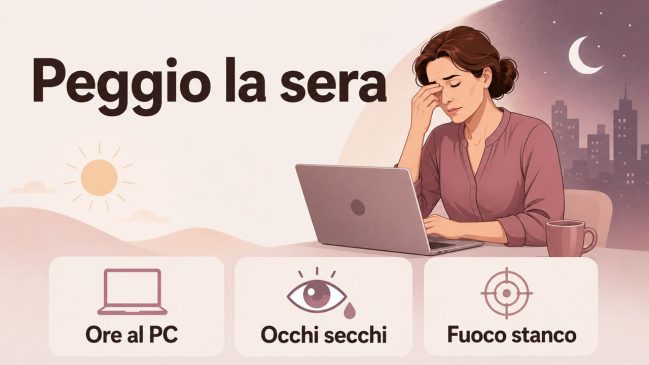 Donna illustrata stanca davanti al laptop di sera, con luna, città sullo sfondo e tre schede su PC, occhi secchi e fuoco stanco