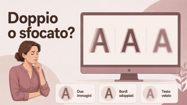 Donna pensierosa accanto a un monitor con tre lettere A rappresentate come doppia, sdoppiata e sfocata