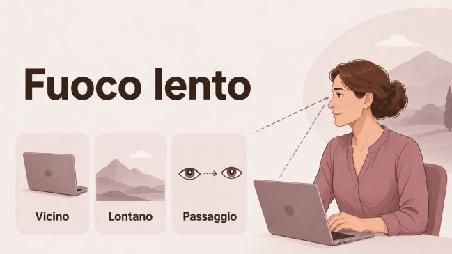 Donna al laptop che guarda lontano, con frecce tratteggiate dagli occhi e schede vicino, lontano e passaggio