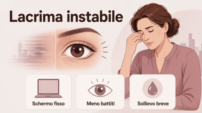 Donna che si tocca l’occhio accanto a un grande occhio e a schede con schermo fisso, meno battiti e sollievo breve