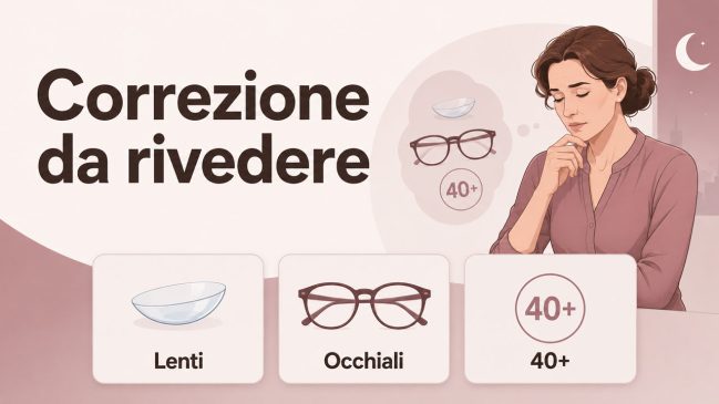Donna pensierosa con simboli di lente a contatto, occhiali e 40 più, sopra tre schede dedicate alla correzione visiva