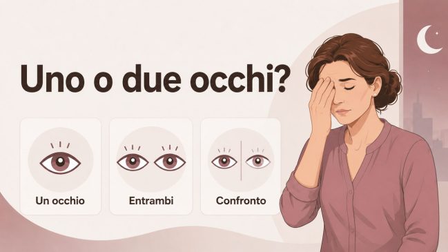 Donna che copre un occhio con la mano, accanto a tre schede con un occhio, due occhi e confronto