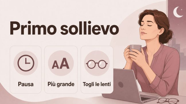 Donna rilassata con tazza vicino al laptop e occhiali sul tavolo, accanto a schede pausa, più grande e togli le lenti