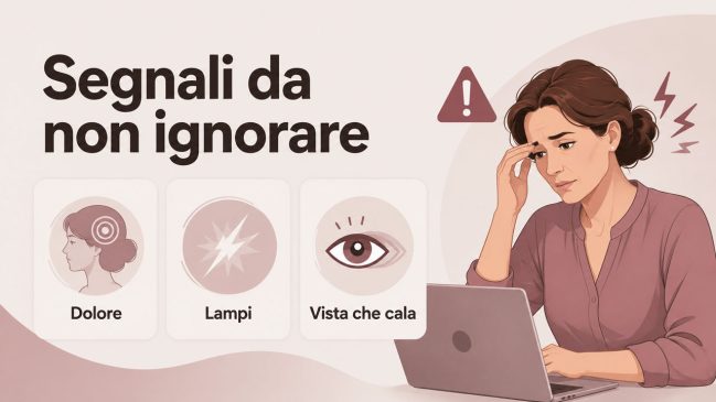 Donna preoccupata davanti al laptop con triangolo di avviso, fulmini e schede dolore, lampi e vista che cala
