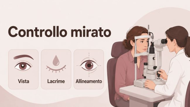Donna durante una visita oculistica alla lampada a fessura, con medico e schede vista, lacrime e allineamento