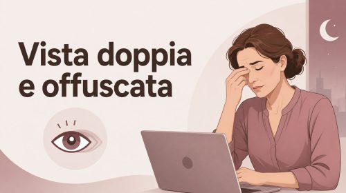 Donna illustrata stanca davanti al laptop di sera con mano sugli occhi e icona di un occhio sdoppiato